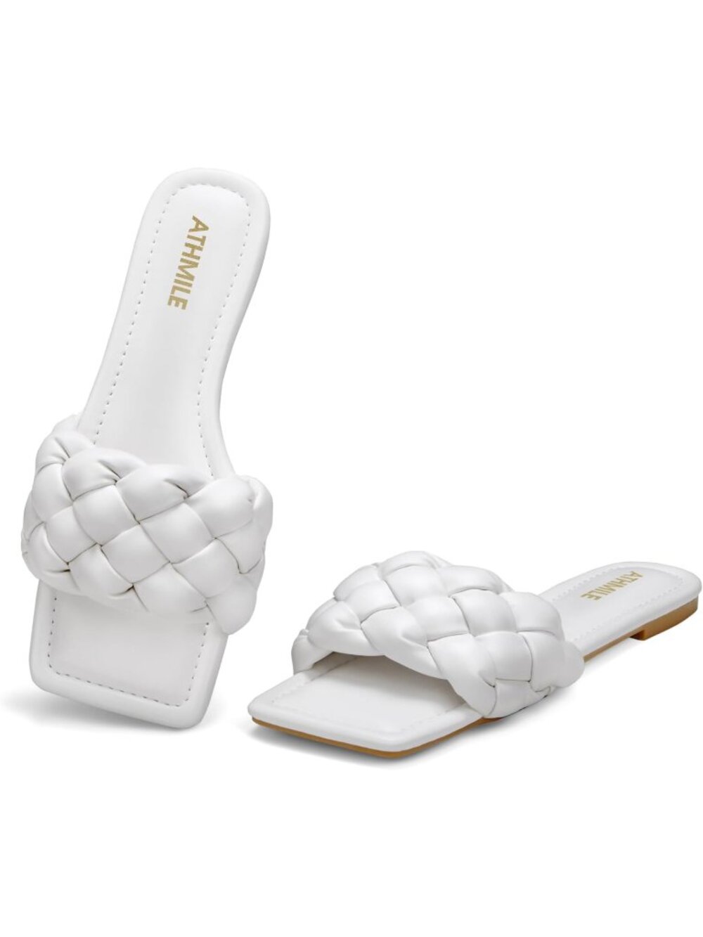 Women's White Leather Causal Slip on Square Open Toe Fashion Slide Flat Sandals